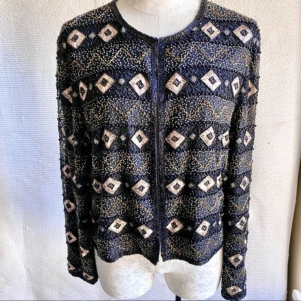 Vintage 70s M Beaded Print Open Jacket Cardigan